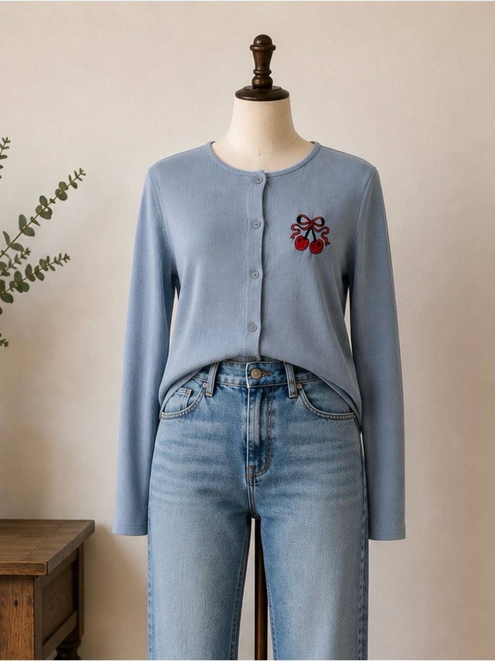 Y2K Tilley Endurables Made in Canada Blue Cherry Embroidered Rib Knit Cardigan M